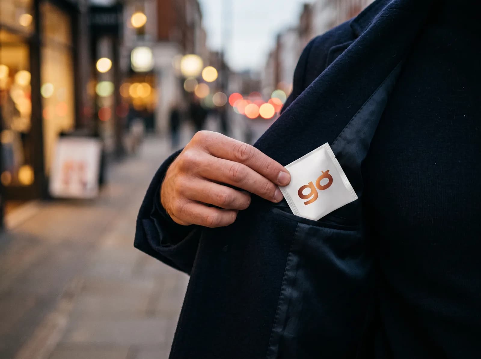 A white go sachet slipped into the inside pocket of a navy overcoat