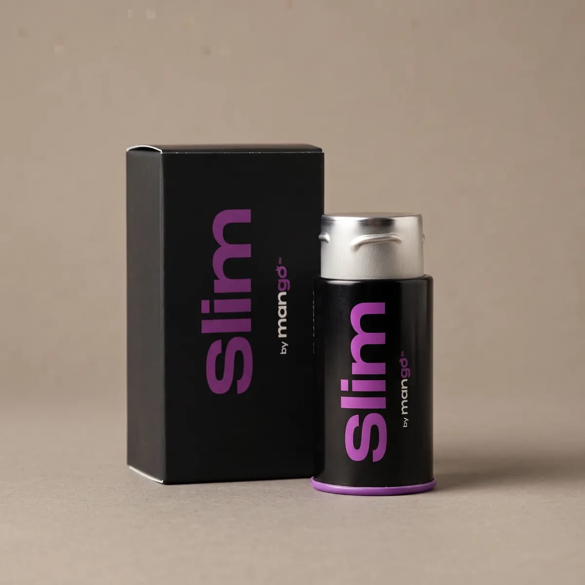 A black Slim tin with purple lettering beside its box