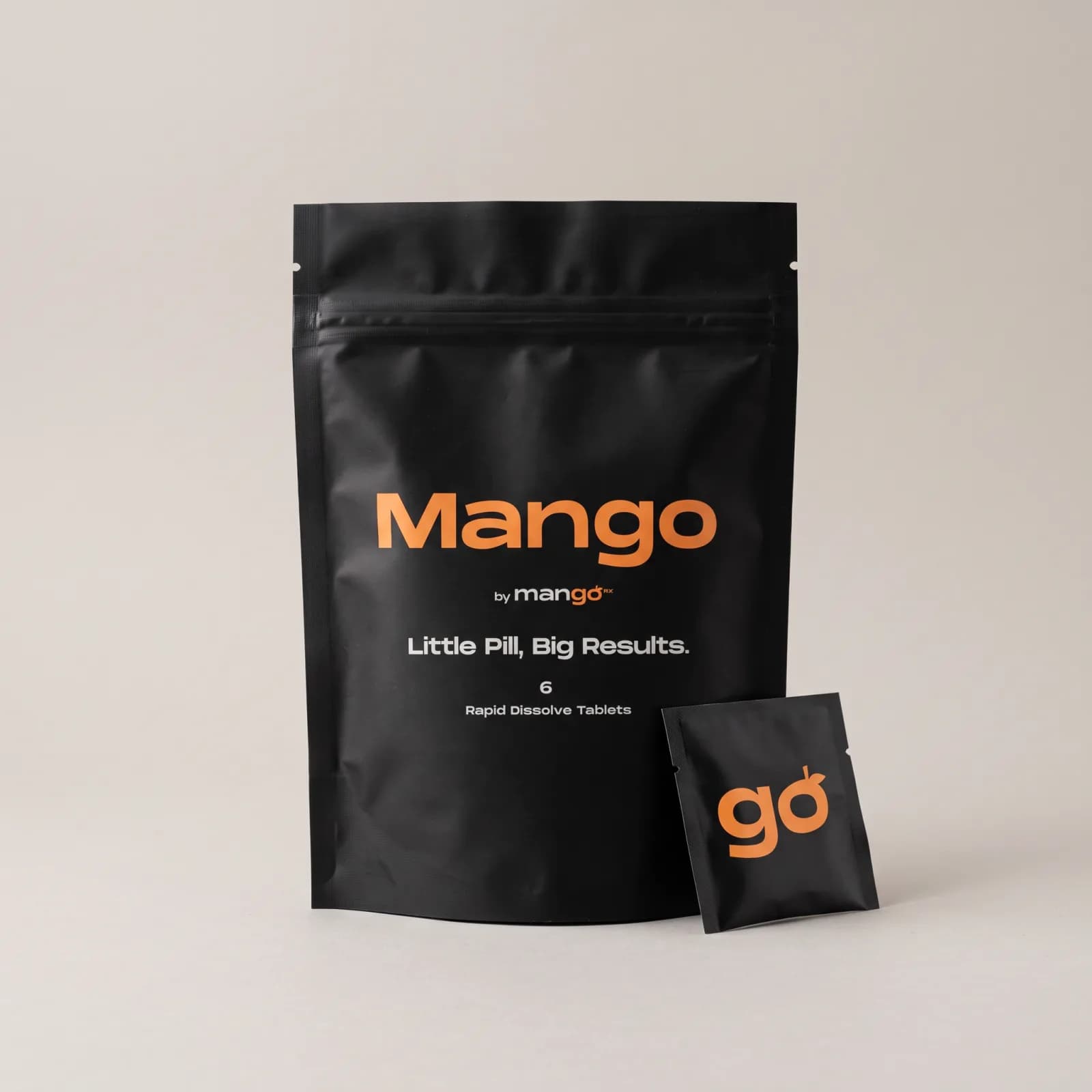 A black Mango tadalafil pouch with a single go sachet