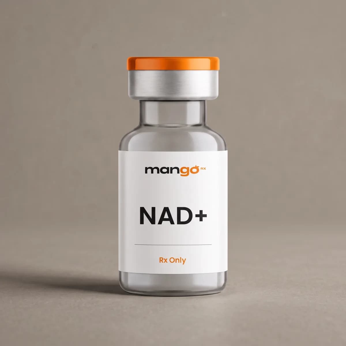 A MangoRx NAD+ injection vial with an orange cap