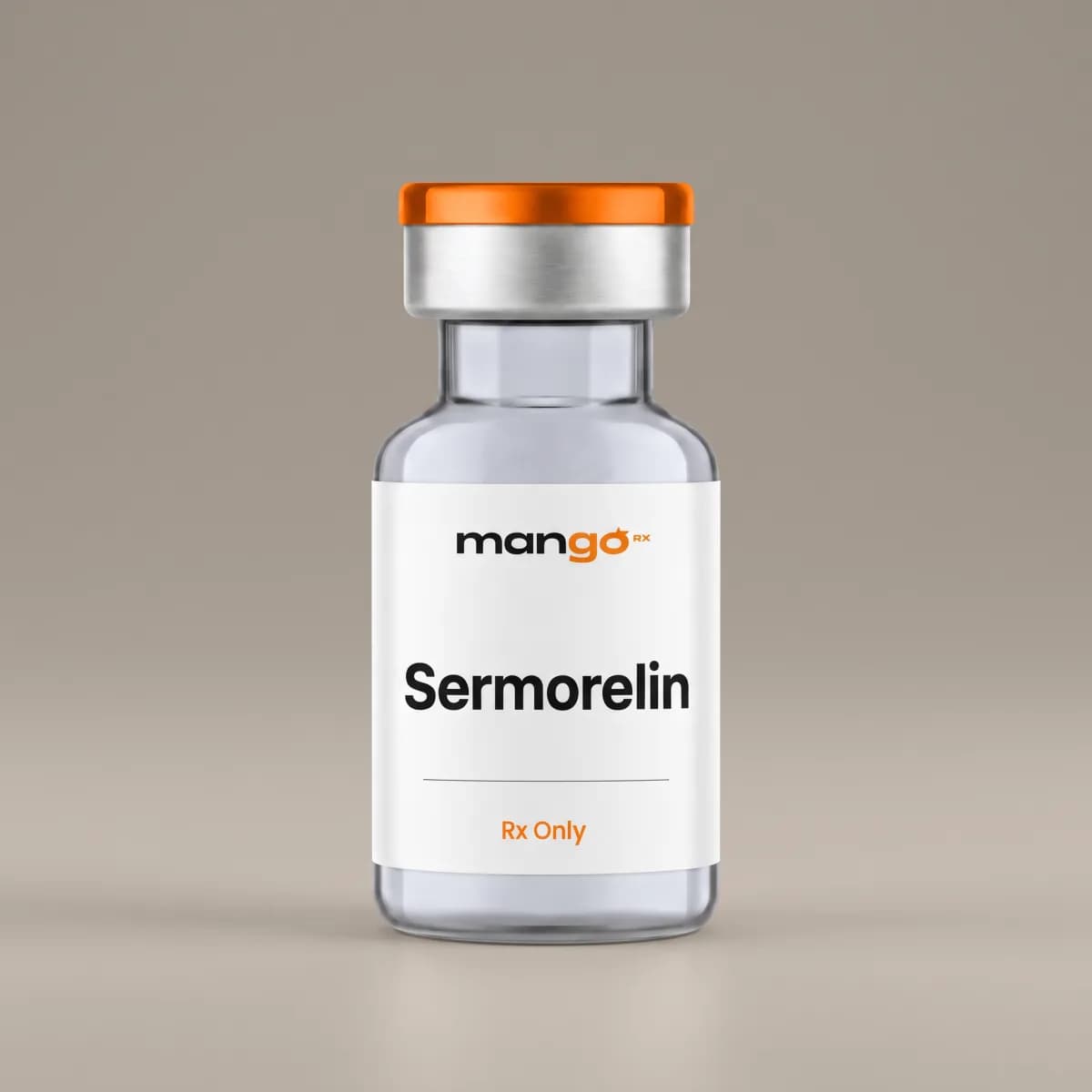 A MangoRx Sermorelin injection vial with an orange cap