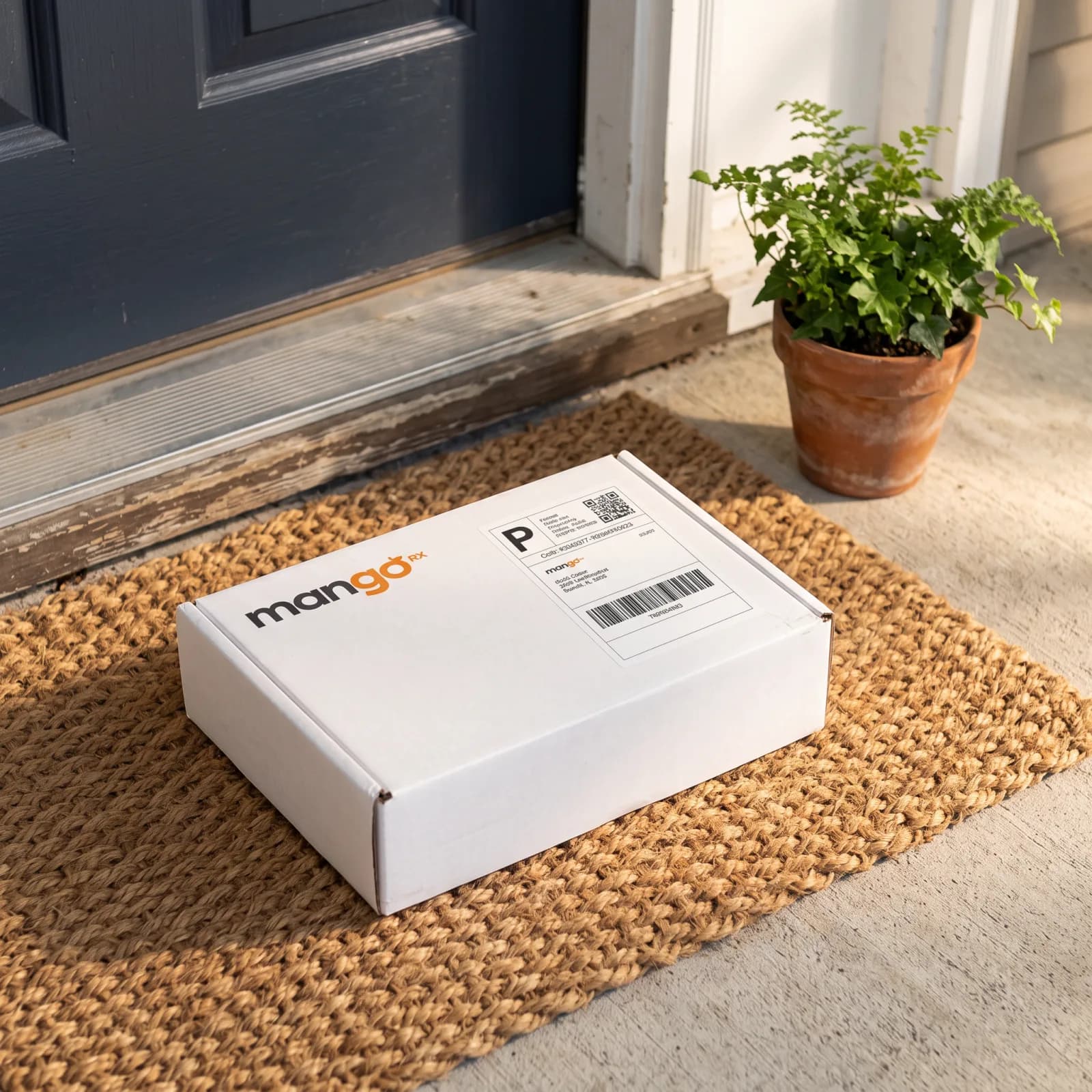 A plain white MangoRx mailer on a doorstep