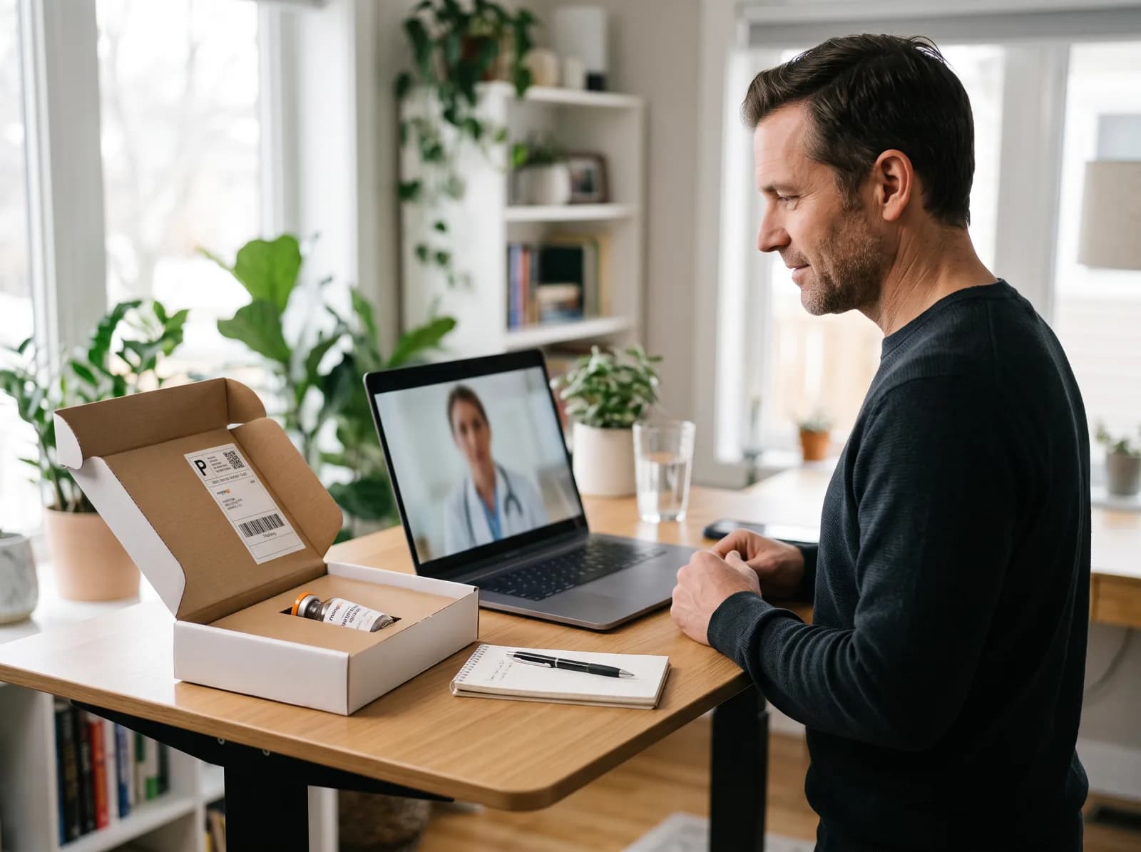 A man on a video visit with his provider, his MangoRx order open on the desk