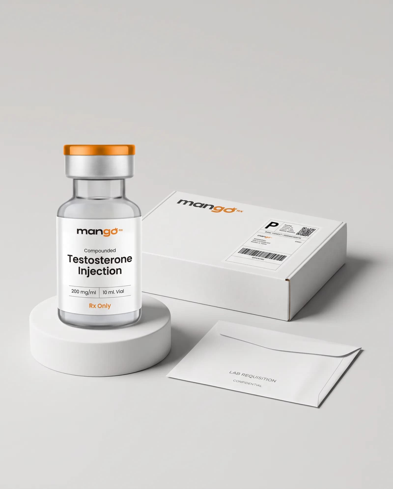 A MangoRx testosterone injection vial beside its white mailer